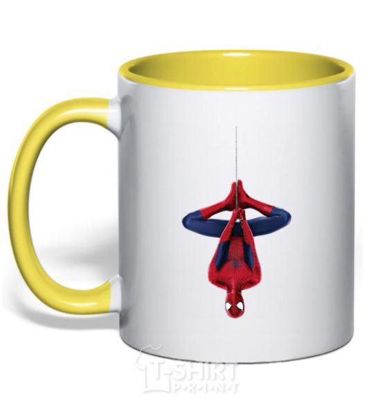 Mug with a colored handle Spiderman upside down yellow фото