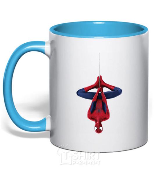 Mug with a colored handle Spiderman upside down sky-blue фото