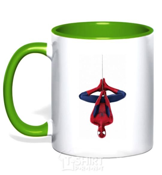 Mug with a colored handle Spiderman upside down kelly-green фото