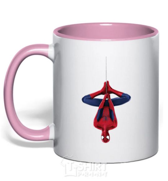 Mug with a colored handle Spiderman upside down light-pink фото