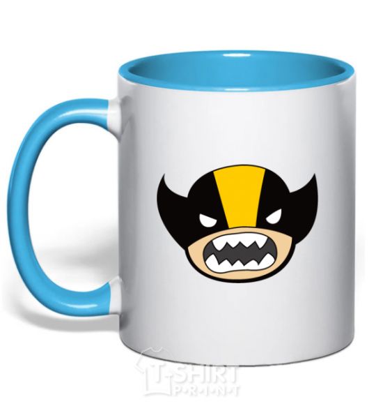 Mug with a colored handle Fun wolverine sky-blue фото