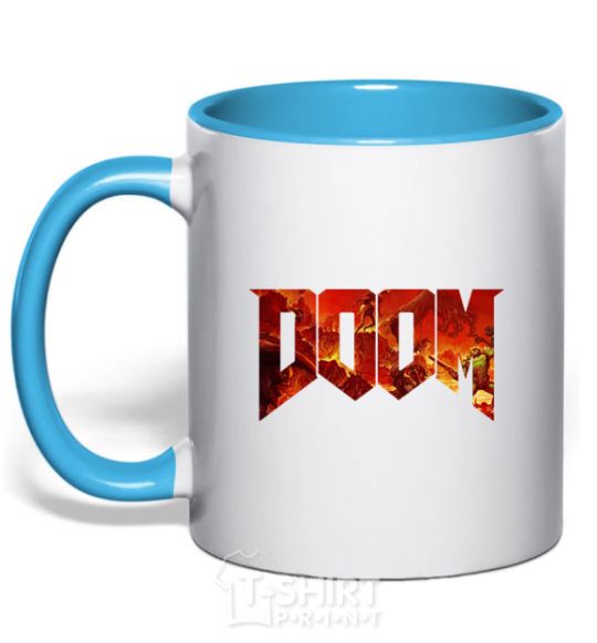 Mug with a colored handle DOOM logo sky-blue фото