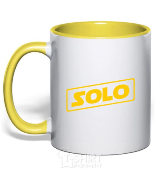 Mug with a colored handle Solo word yellow фото