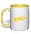 Mug with a colored handle Solo word yellow фото
