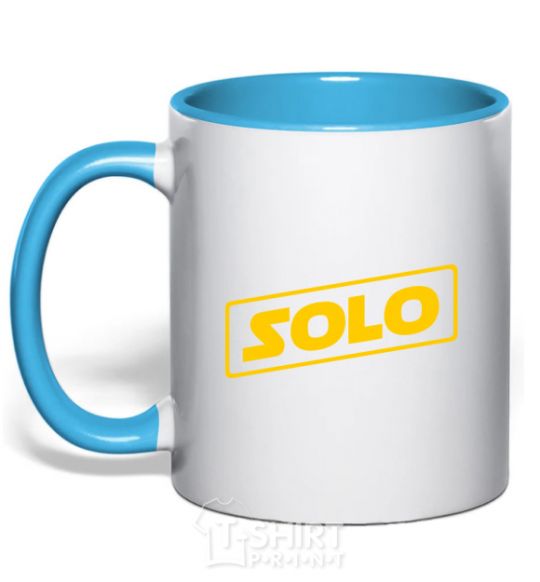 Mug with a colored handle Solo word sky-blue фото