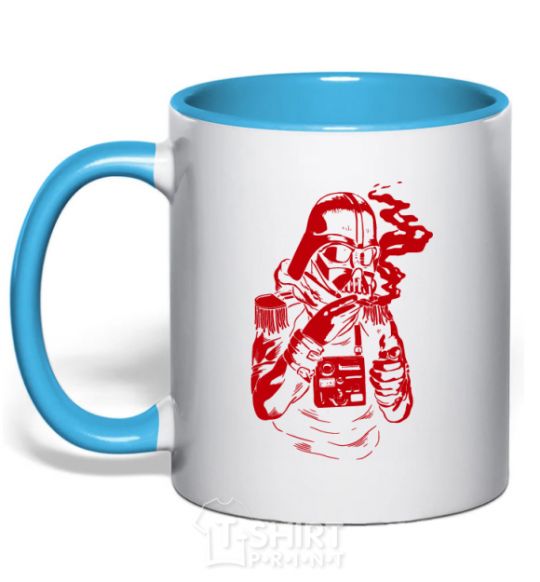 Mug with a colored handle Darth's smoking sky-blue фото