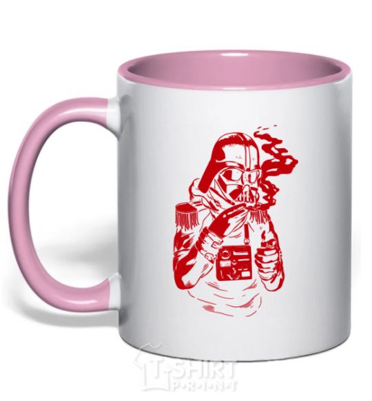 Mug with a colored handle Darth's smoking light-pink фото