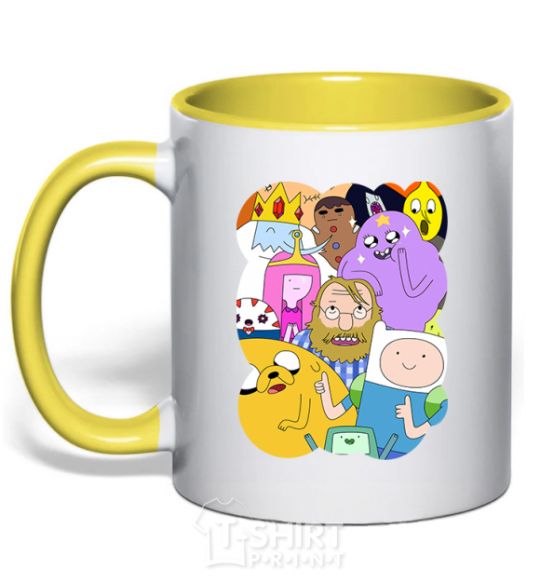 Mug with a colored handle Adventure time heroes yellow фото
