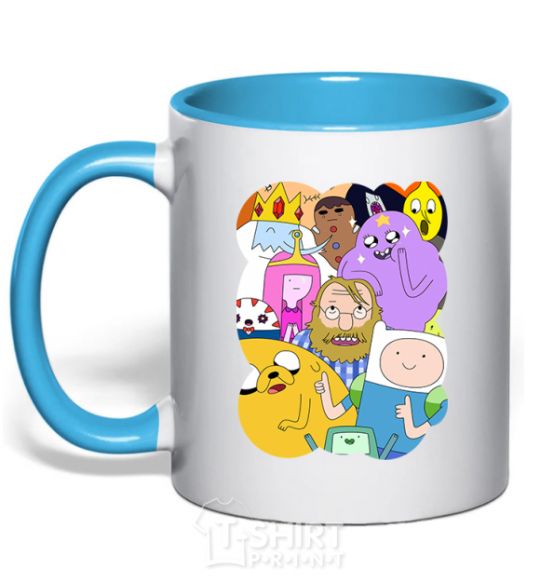 Mug with a colored handle Adventure time heroes sky-blue фото