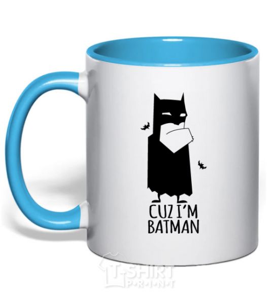 Mug with a colored handle Cuz i'm batman sky-blue фото