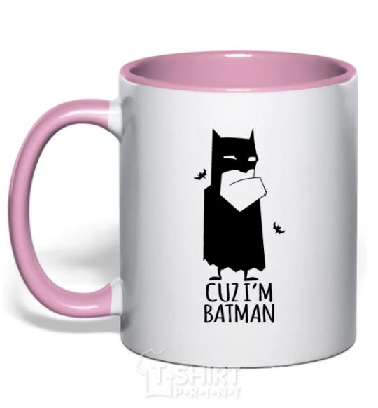 Mug with a colored handle Cuz i'm batman light-pink фото