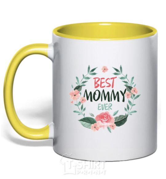 Mug with a colored handle Best mommy ever flowers yellow фото