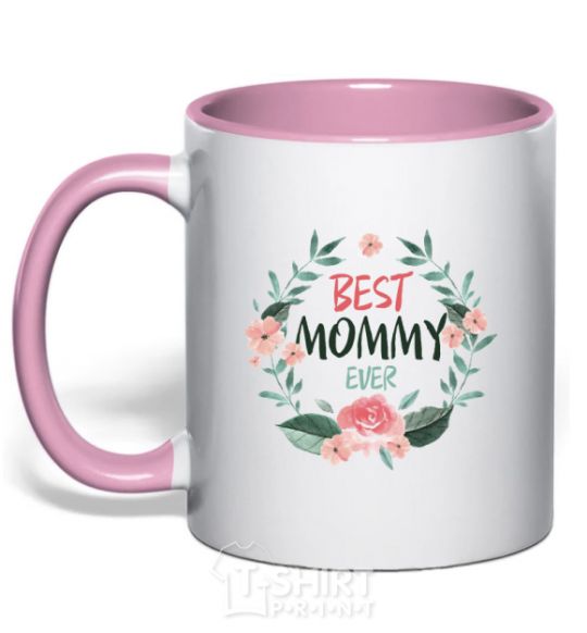 Mug with a colored handle Best mommy ever flowers light-pink фото