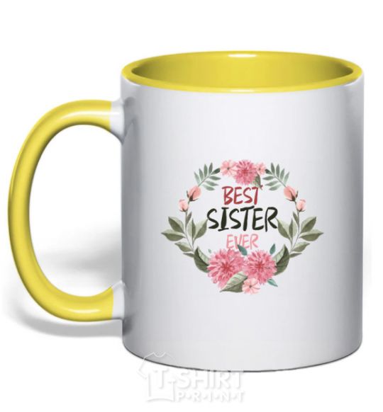 Mug with a colored handle Best sister ever flowers yellow фото