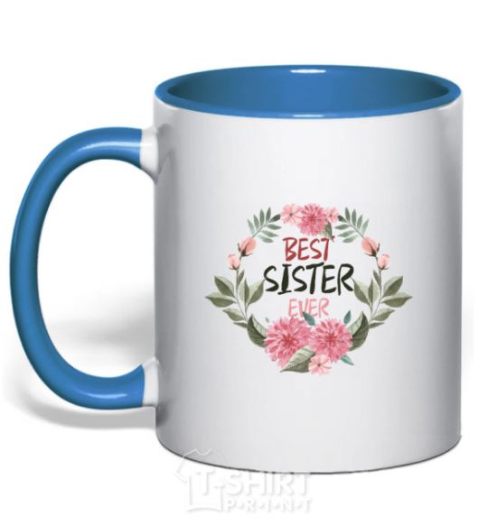 Mug with a colored handle Best sister ever flowers royal-blue фото