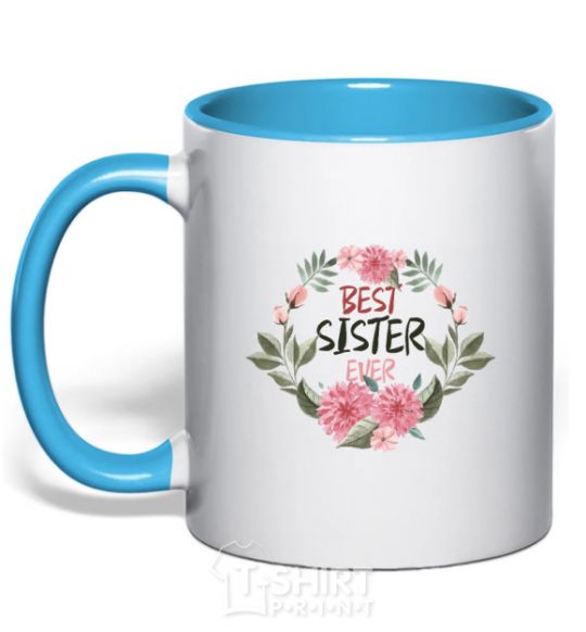 Mug with a colored handle Best sister ever flowers sky-blue фото