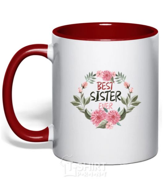 Mug with a colored handle Best sister ever flowers red фото