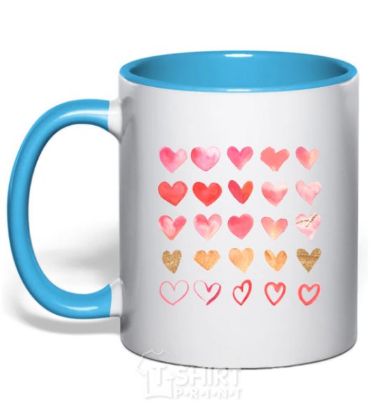 Mug with a colored handle Hearts sky-blue фото