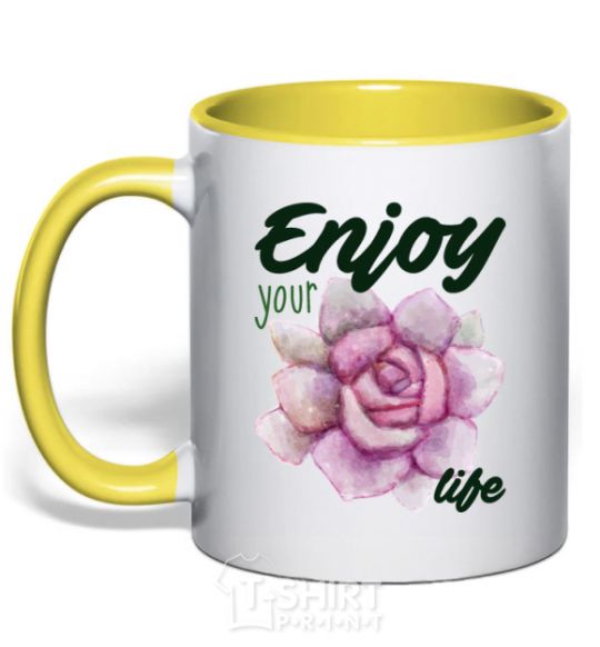 Mug with a colored handle Enjoy your life yellow фото