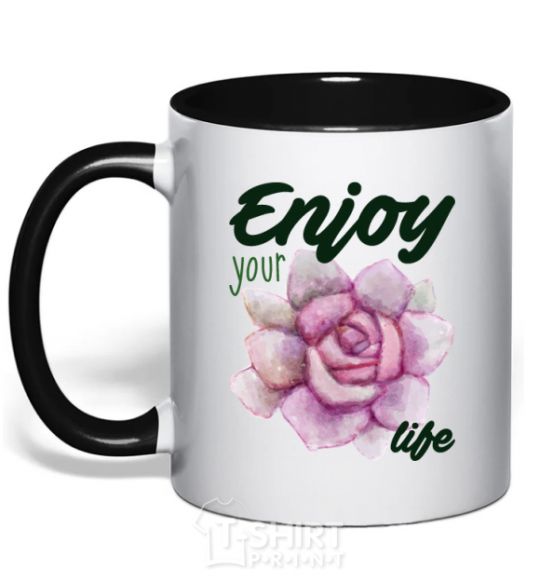 Mug with a colored handle Enjoy your life black фото