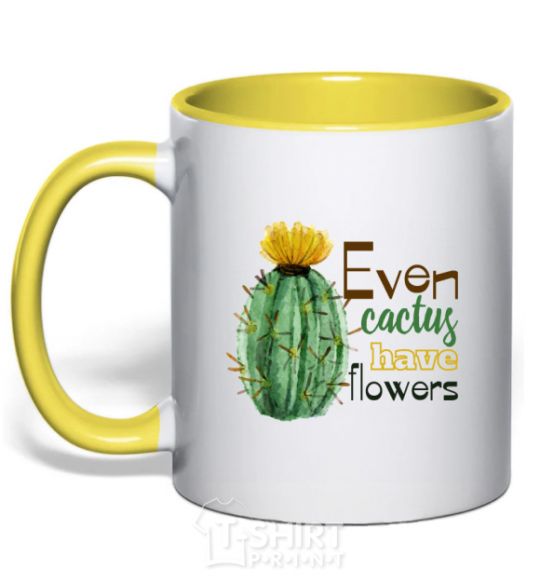 Mug with a colored handle Even cactus have flowers yellow фото