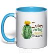 Mug with a colored handle Even cactus have flowers sky-blue фото