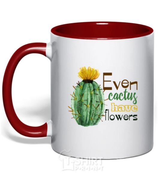 Mug with a colored handle Even cactus have flowers red фото