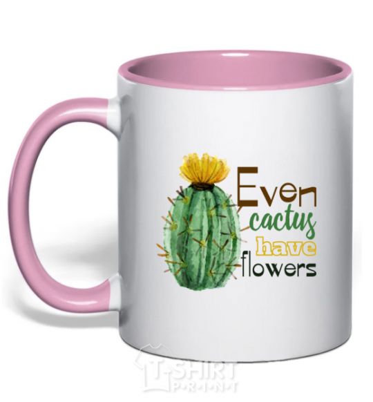 Mug with a colored handle Even cactus have flowers light-pink фото