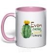 Mug with a colored handle Even cactus have flowers light-pink фото