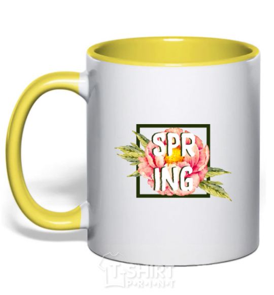 Mug with a colored handle Spring peonies yellow фото