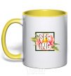 Mug with a colored handle Spring peonies yellow фото