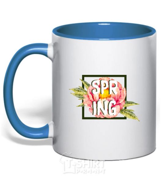 Mug with a colored handle Spring peonies royal-blue фото