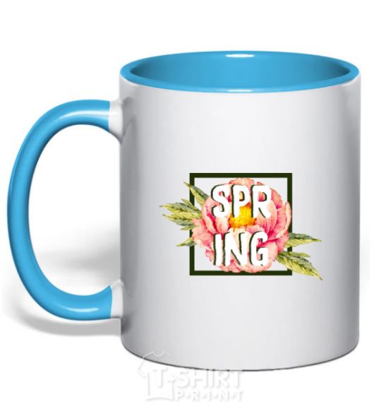 Mug with a colored handle Spring peonies sky-blue фото