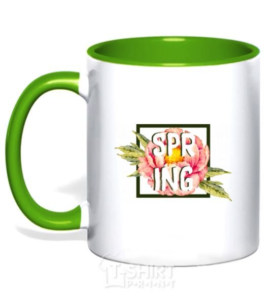 Mug with a colored handle Spring peonies kelly-green фото