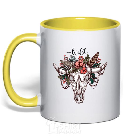 Mug with a colored handle Wild skull yellow фото