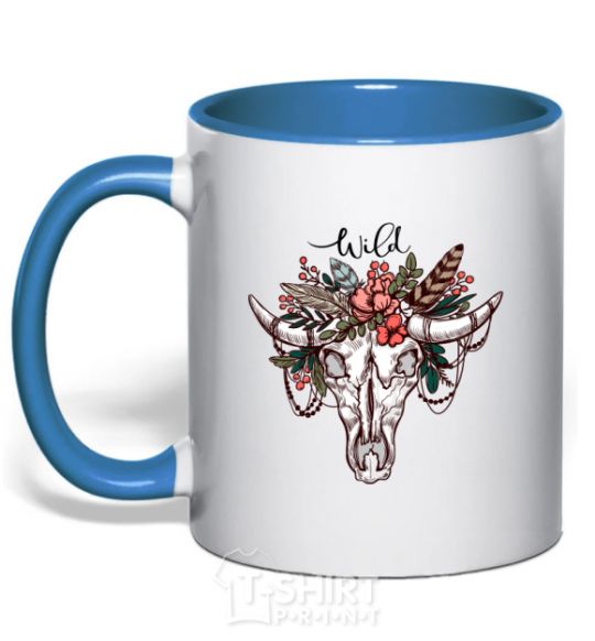 Mug with a colored handle Wild skull royal-blue фото