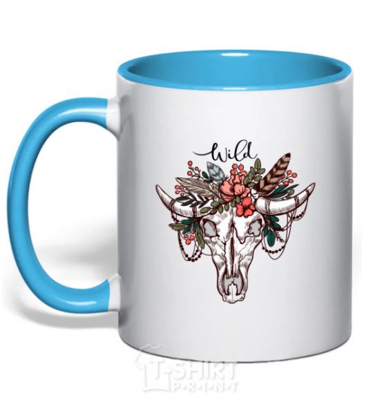 Mug with a colored handle Wild skull sky-blue фото