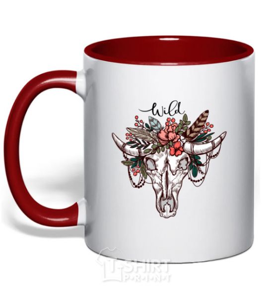 Mug with a colored handle Wild skull red фото