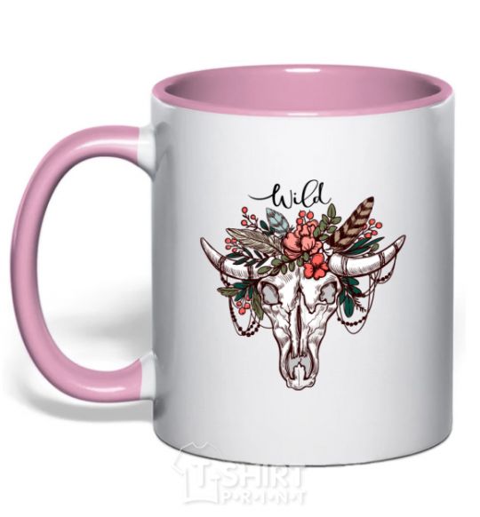 Mug with a colored handle Wild skull light-pink фото