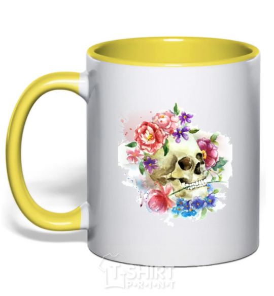 Mug with a colored handle Skull in flowers yellow фото