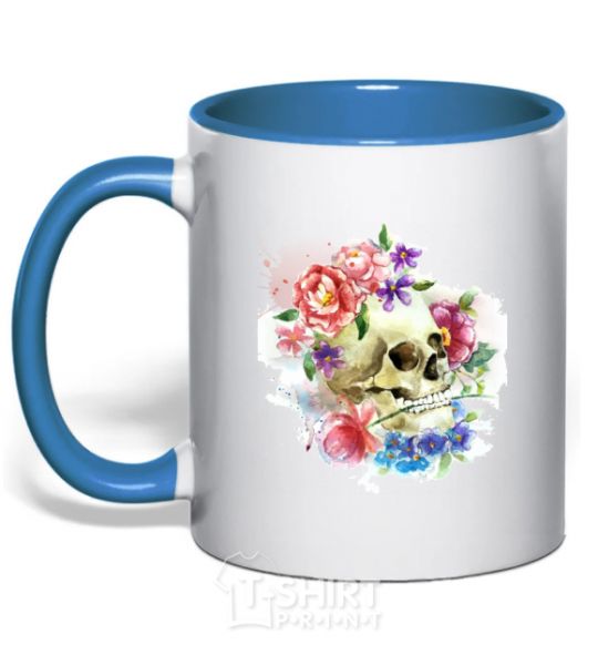 Mug with a colored handle Skull in flowers royal-blue фото