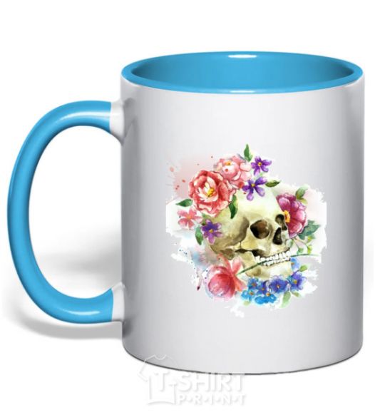 Mug with a colored handle Skull in flowers sky-blue фото