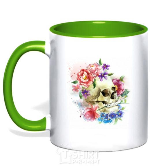 Mug with a colored handle Skull in flowers kelly-green фото