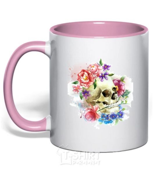 Mug with a colored handle Skull in flowers light-pink фото