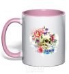 Mug with a colored handle Skull in flowers light-pink фото