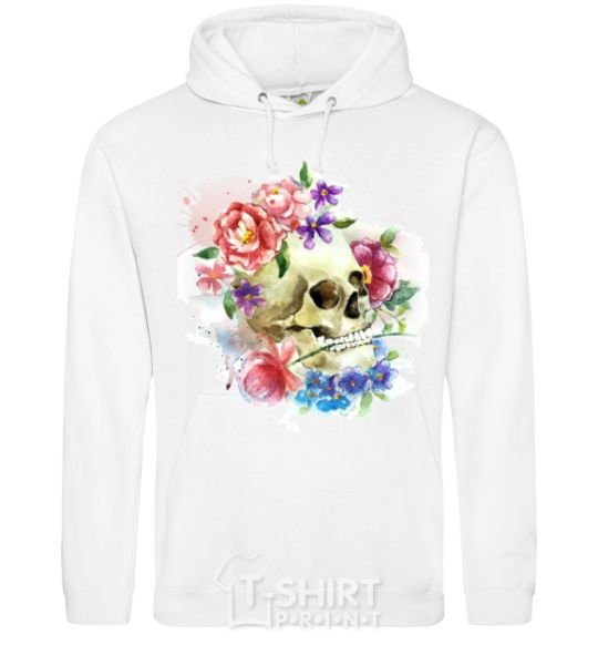 Men`s hoodie Skull in flowers White фото