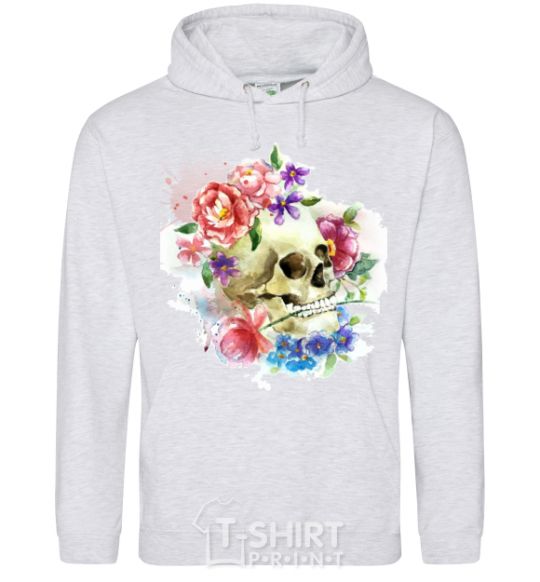Men`s hoodie Skull in flowers sport-grey фото