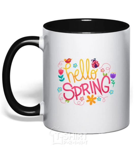 Mug with a colored handle Hello spring black фото