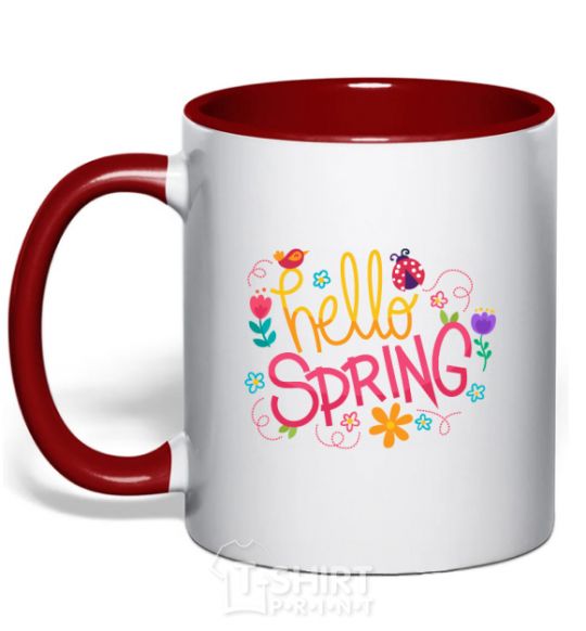 Mug with a colored handle Hello spring red фото