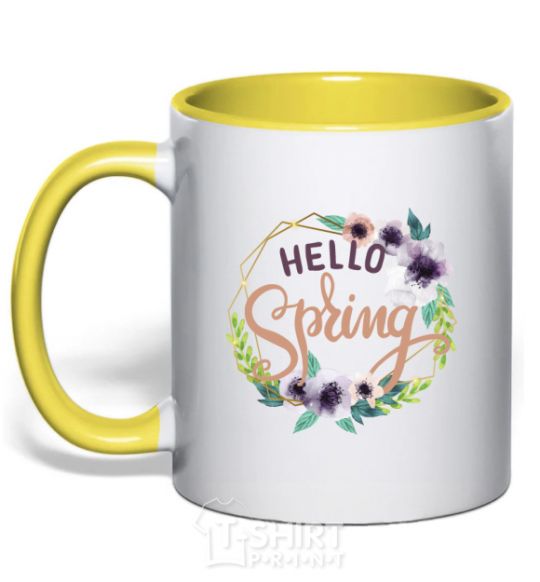 Mug with a colored handle Hello spring frame yellow фото